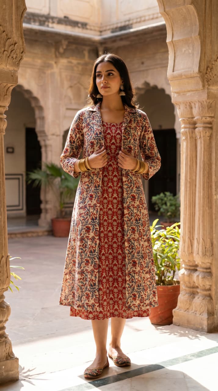 Aanchal Kalamkari Midi Dress with Shrug