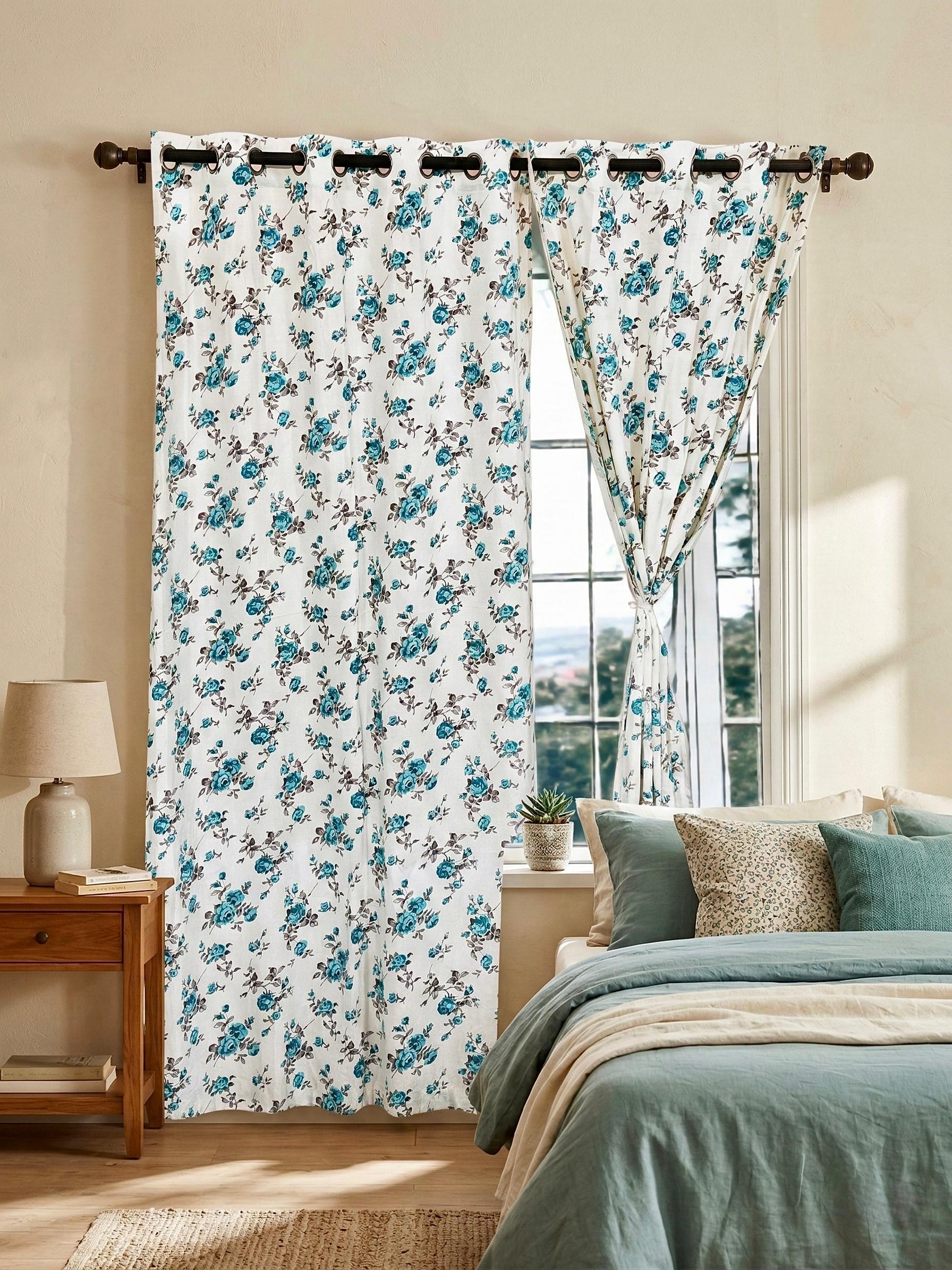 Firozi Gulab Jaipuri Eyelet Curtains