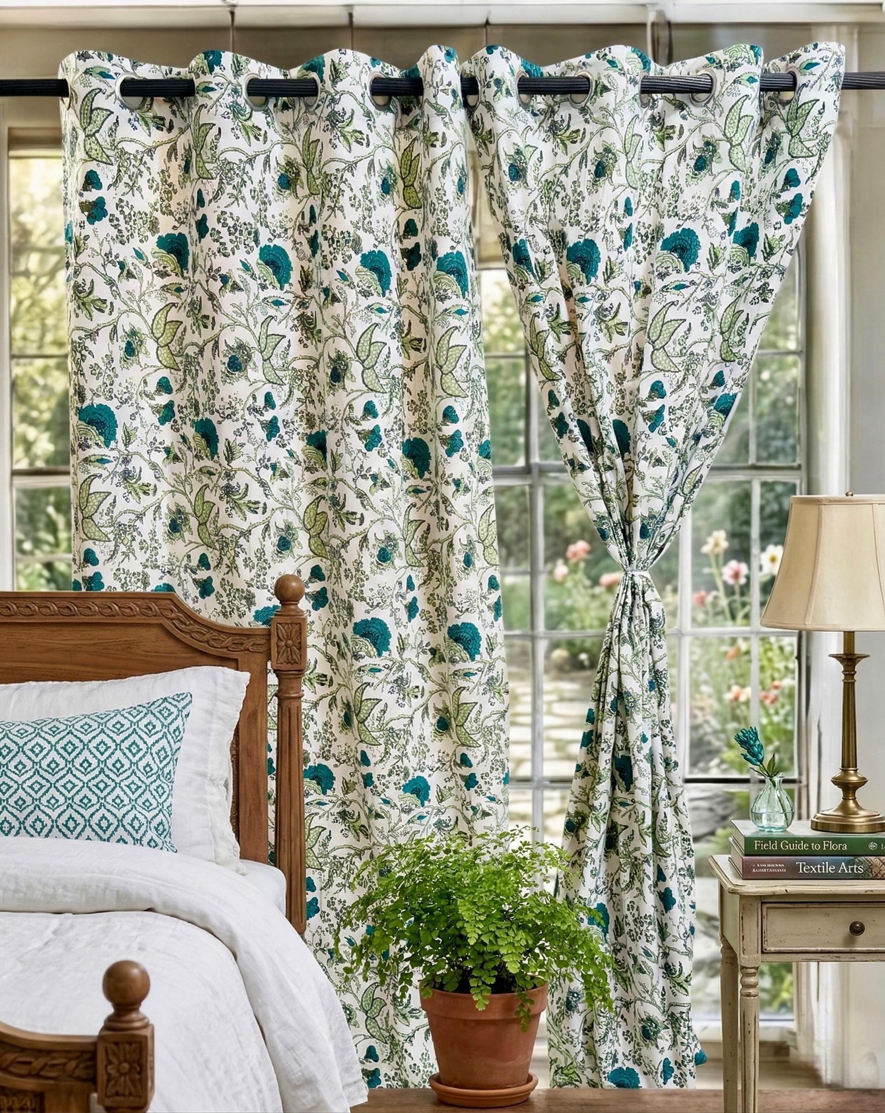 Firozi Jacobean Sanganeri Eyelet Curtains