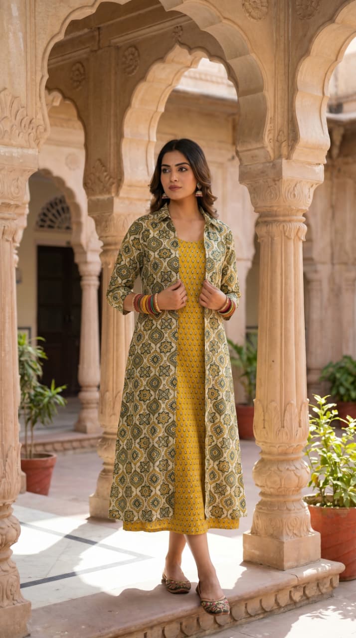 Ila Ajrakh Midi Dress with Shrug