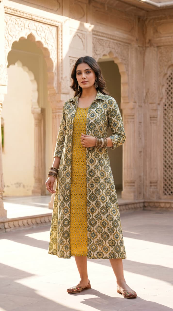 Ila Ajrakh Midi Dress with Shrug