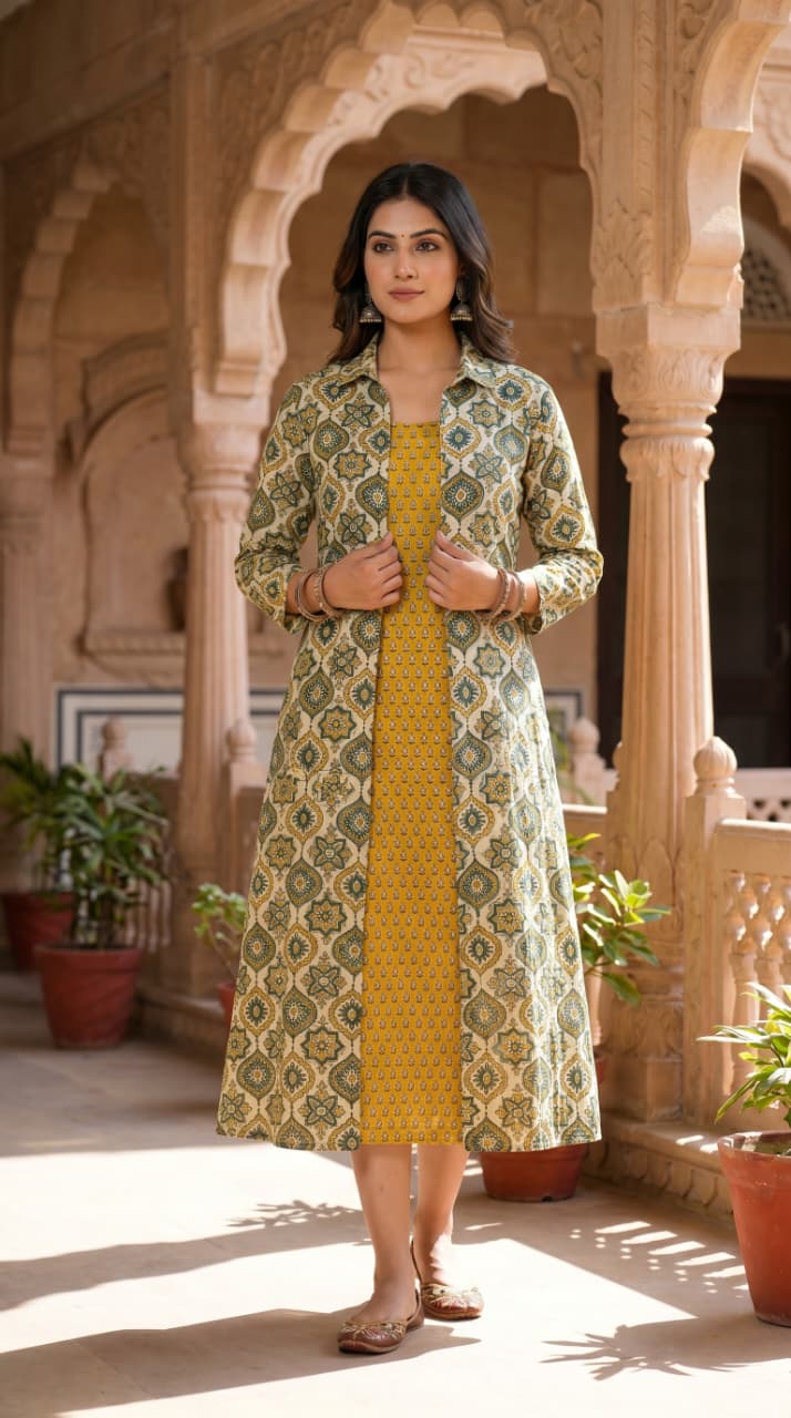 Ila Ajrakh Midi Dress with Shrug