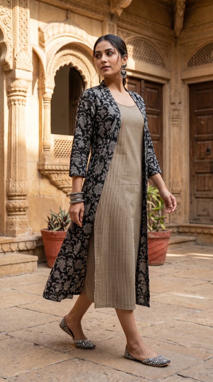 Kaajal Ajrakh Midi Dress with Shrug