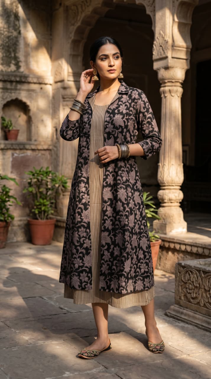 Kaajal Ajrakh Midi Dress with Shrug