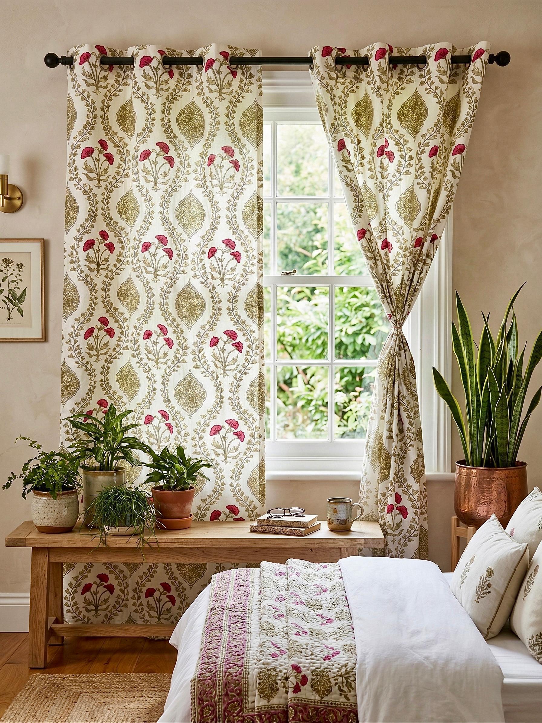 Laal Gul Ogee Mughal Buti Eyelet Curtains