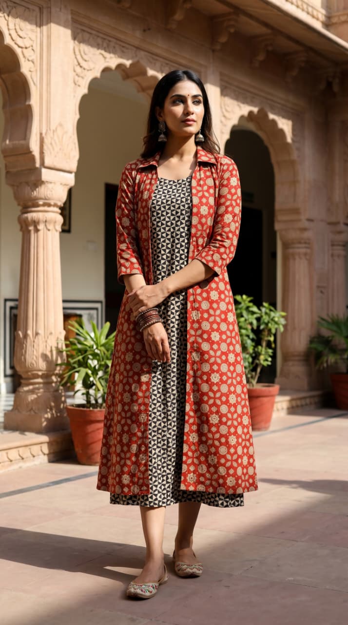 Leela Ajrakh Bagh Midi Dress with Shrug
