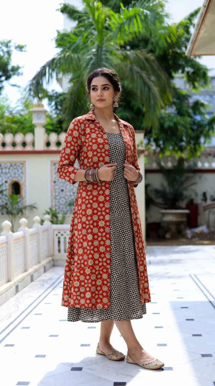 Leela Ajrakh Bagh Midi Dress with Shrug
