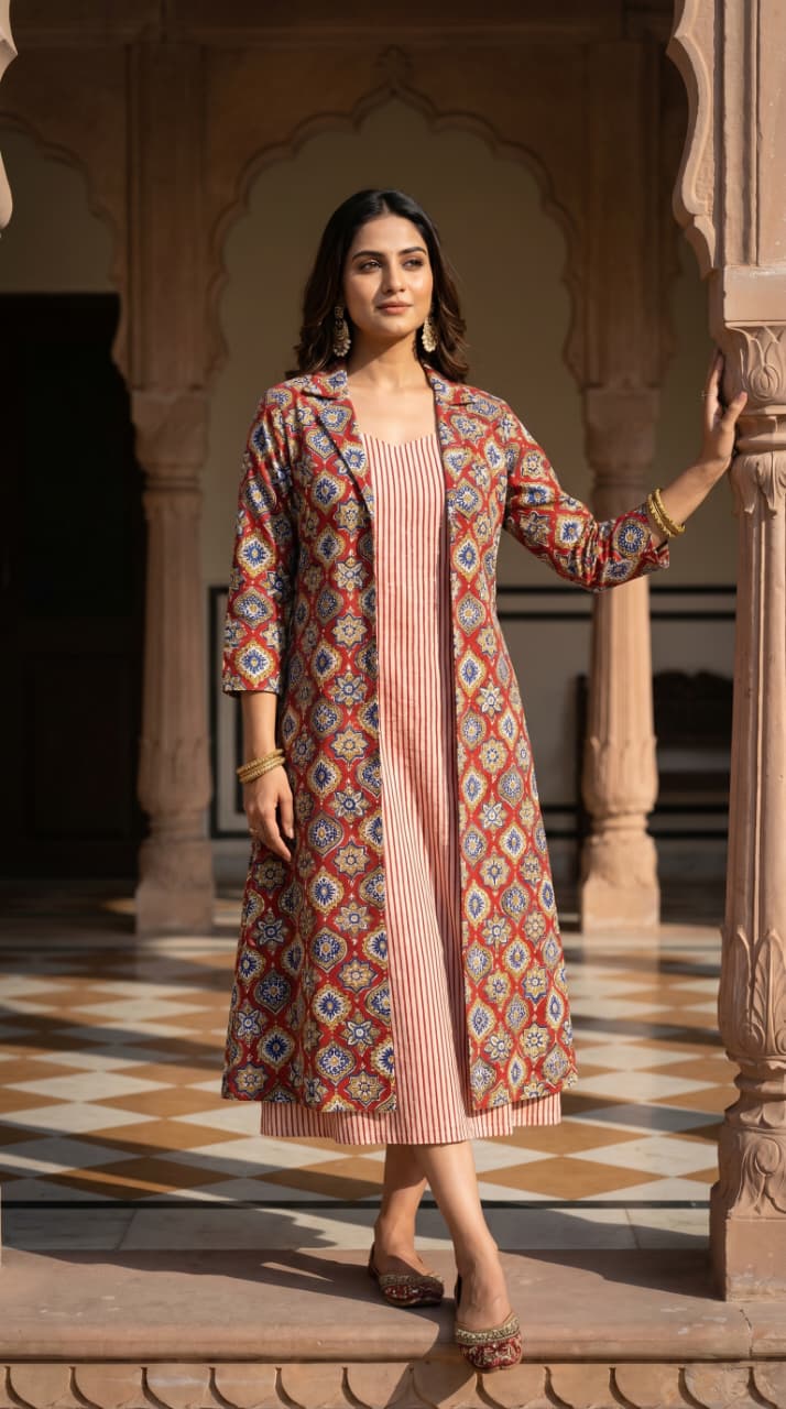 Mehr Ajrakh Tile Midi Dress with Shrug