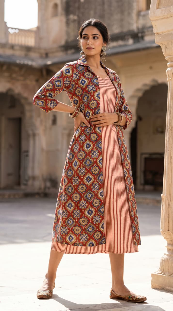 Mehr Ajrakh Tile Midi Dress with Shrug