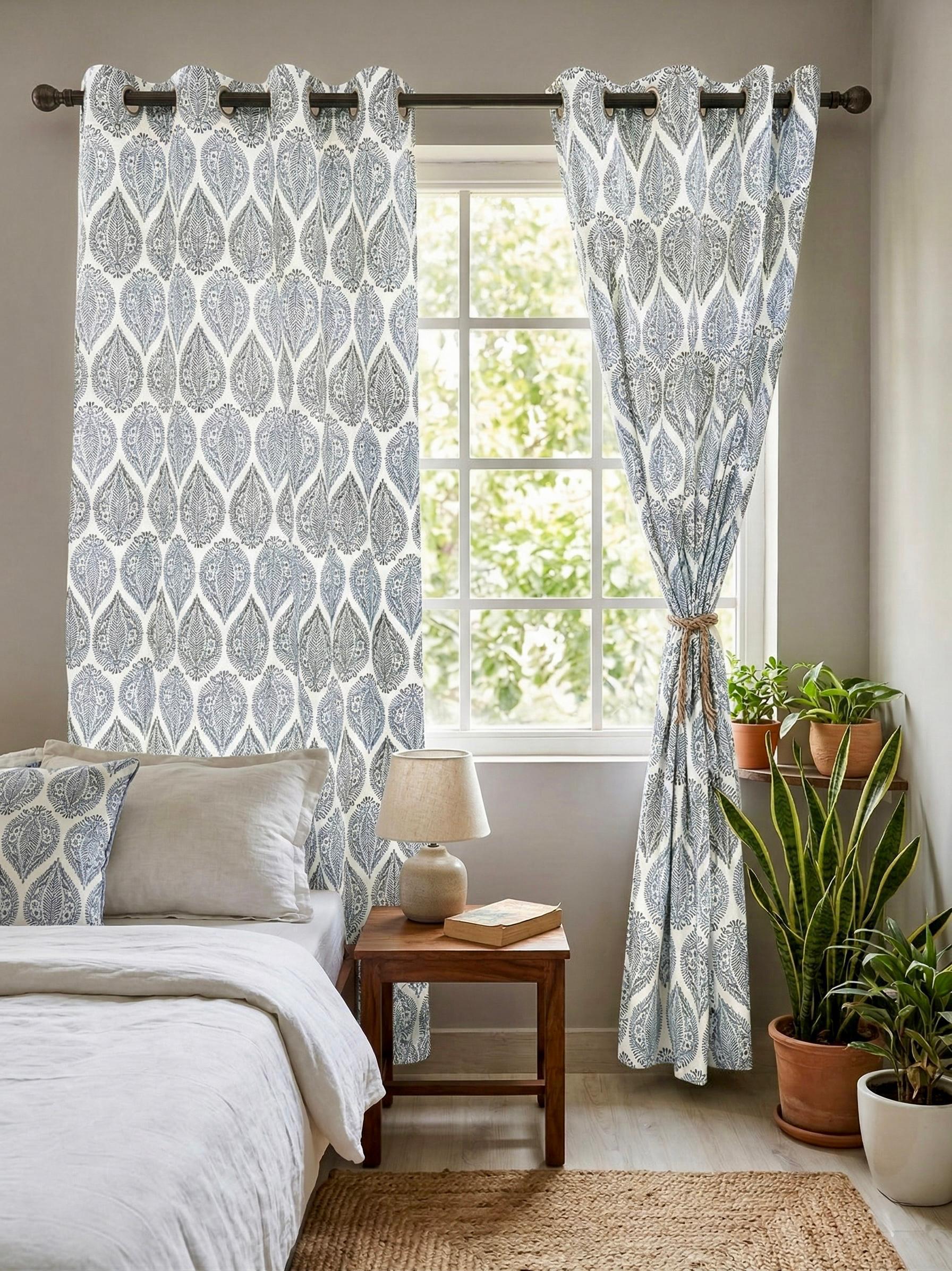 Neel Phool Bagru Eyelet Curtains