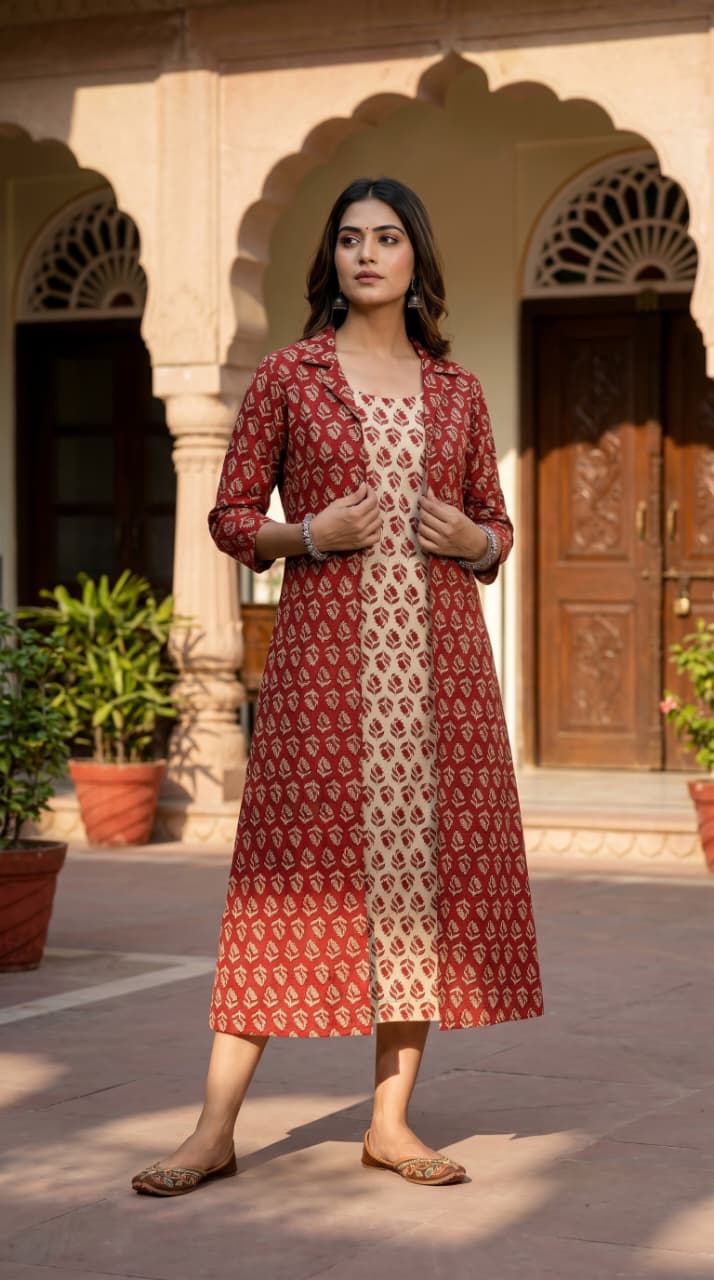 Noor Ajrakh Buti Midi Dress with Shrug