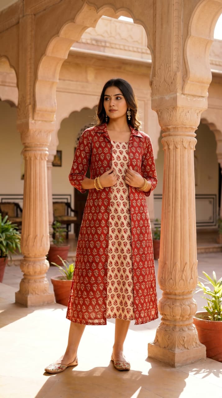 Noor Ajrakh Buti Midi Dress with Shrug
