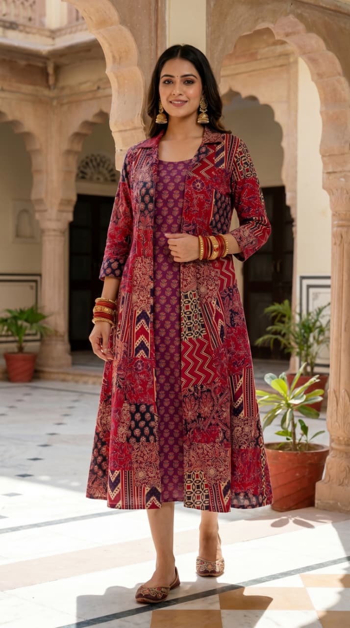 Rani Patchwork Ajrakh Midi Dress with Shrug
