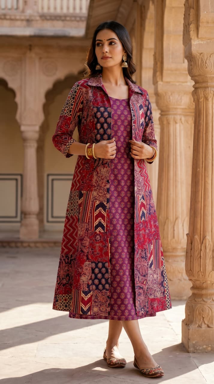 Rani Patchwork Ajrakh Midi Dress with Shrug