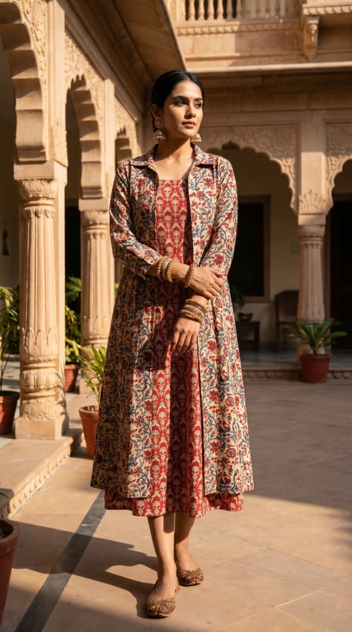Saanjh Kalamkari Midi Dress with Shrug