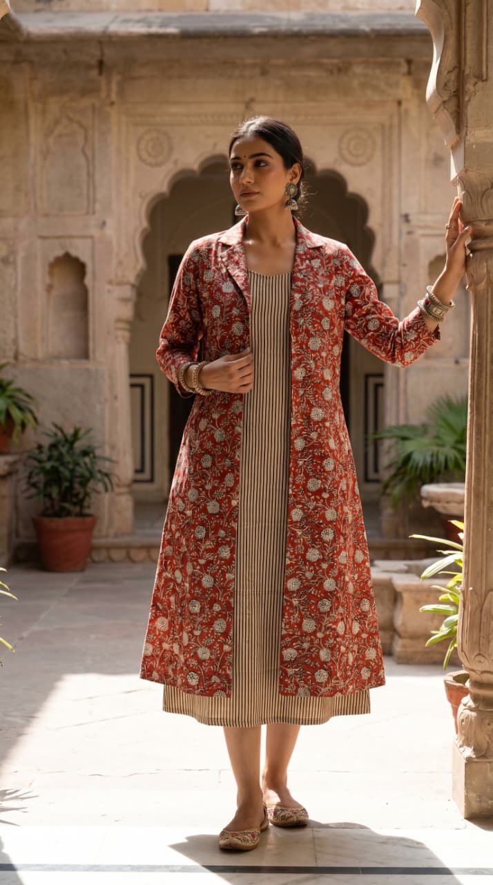 Saanjh Kalamkari Midi Dress with Shrug