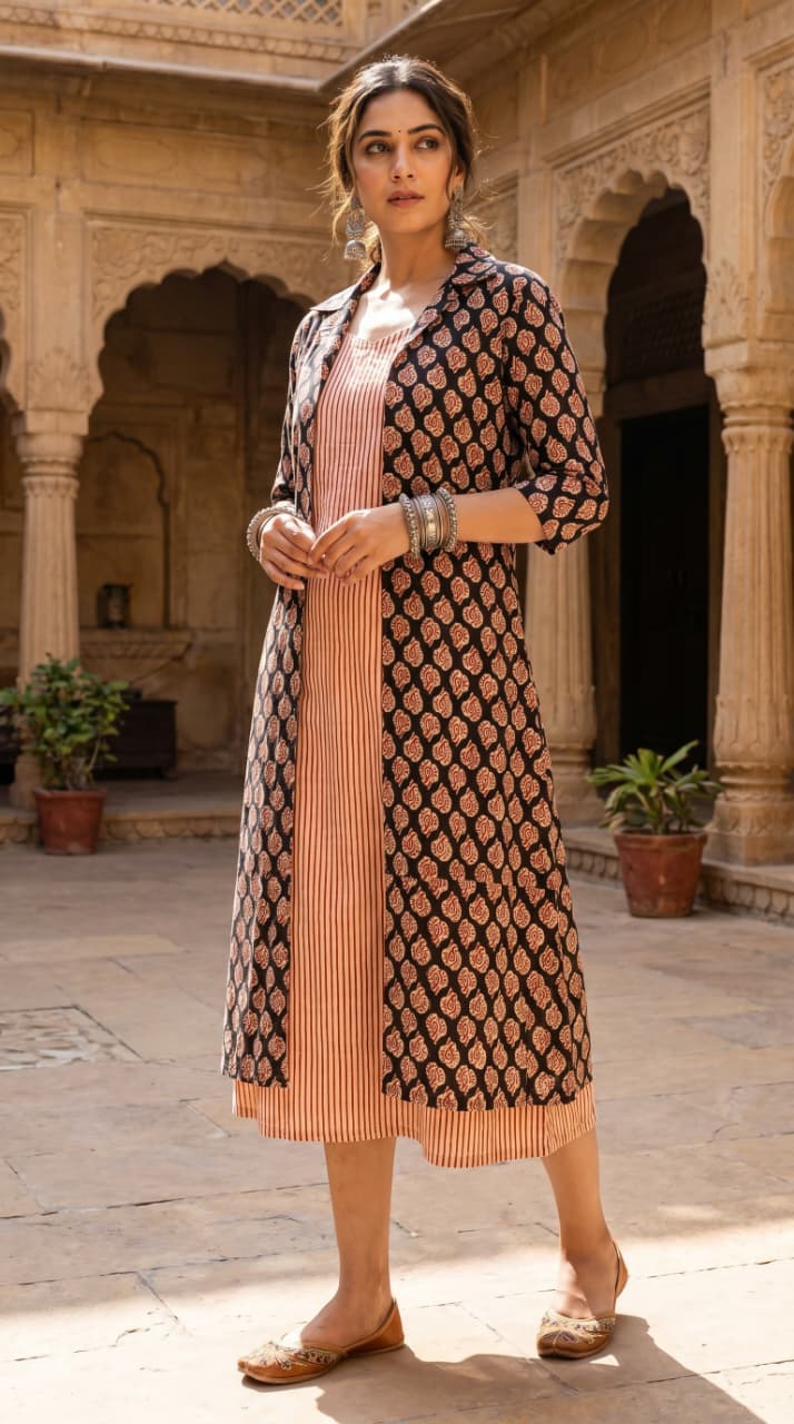 Shyama Ajrakh Floral Midi Dress with Shrug